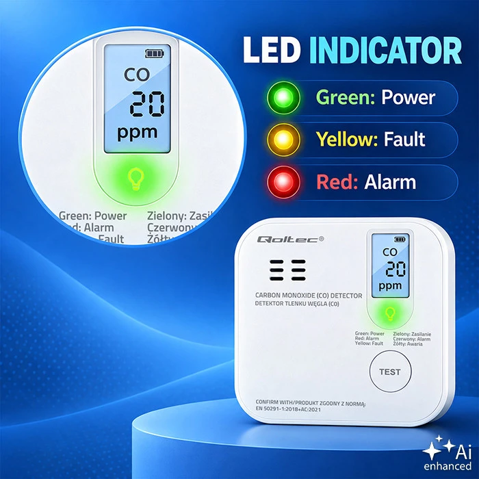 Qoltec 52577 belaidis anglies monoksido (CO) jutiklis su baterija | jutiklio tarnavimo laikas 10 metų | signalizacija 85dB | LED