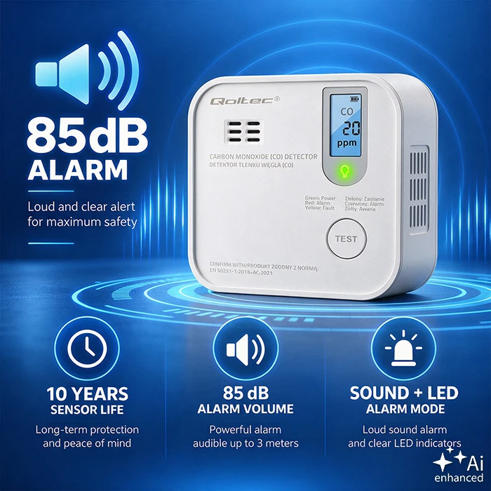 Qoltec 52577 belaidis anglies monoksido (CO) jutiklis su baterija | jutiklio tarnavimo laikas 10 metų | signalizacija 85dB | LED
