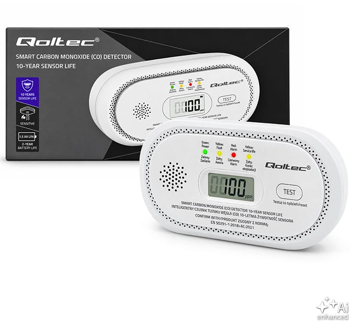 Qoltec Certyfikowany belaidis Czujnik tlenku węgla (czadu) | detektor CO | żywotność sensora 10 lat | alarm 85dB | LCD | Diody LED