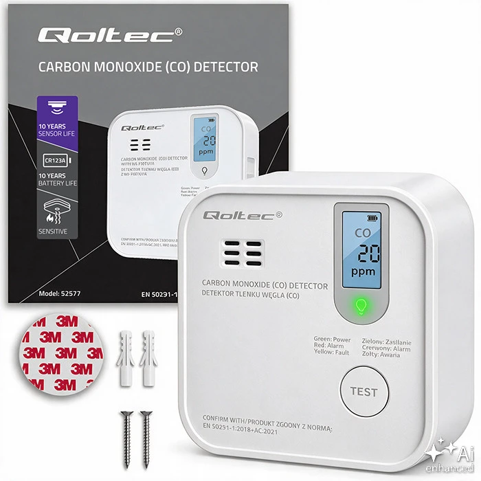 Qoltec 52577 belaidis anglies monoksido (CO) jutiklis su baterija | jutiklio tarnavimo laikas 10 metų | signalizacija 85dB | LED