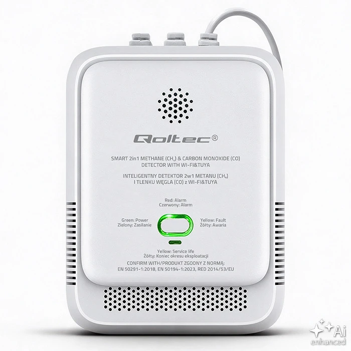 Qoltec 52654 2in1 gamtinių dujų ir anglies monoksido (CO) nuotėkio detektorius | CH4 | CO | NG | Tuya | Wi-Fi | 85 dB signalizacija | LED