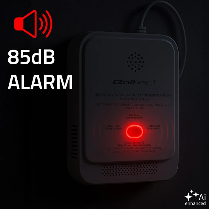 Qoltec 52654 2in1 gamtinių dujų ir anglies monoksido (CO) nuotėkio detektorius | CH4 | CO | NG | Tuya | Wi-Fi | 85 dB signalizacija | LED