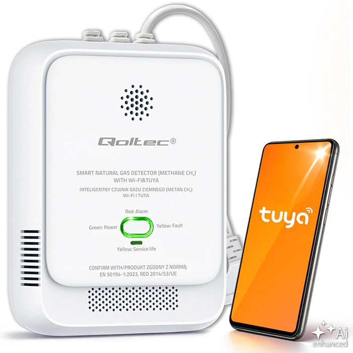 Qoltec 52651 gamtinių dujų nuotėkio jutiklis | CH4 detektorius | NG | Tuya | Wi-Fi | 85dB signalizacija | LED