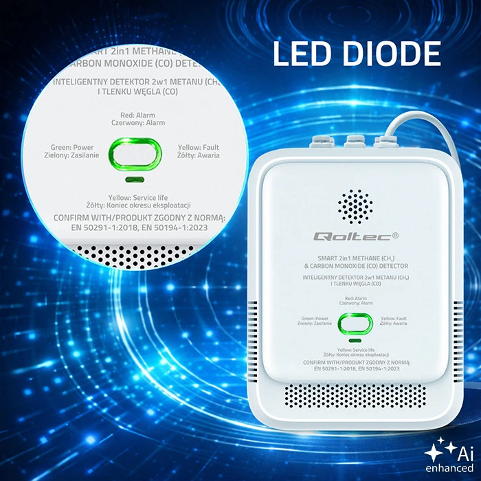 „Qoltec“ sertifikuotas gamtinių dujų ir anglies monoksido (CO) nuotėkio jutiklis | CH4 CO detektorius | 5 metų jutiklio tarnavimo laikas | 85 dB signalizacija | LED