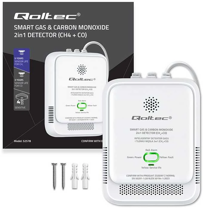 „Qoltec“ sertifikuotas gamtinių dujų ir anglies monoksido (CO) nuotėkio jutiklis | CH4 CO detektorius | 5 metų jutiklio tarnavimo laikas | 85 dB signalizacija | LED