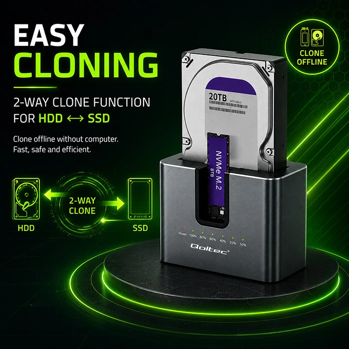 Qoltec Doko stotelė 2w1 HDD SSD | SATA | M.2 NVMe | Klonowanie | USB-C 3.2 Gen 2 | 10Gb/s | 28TB | Aliuminio
