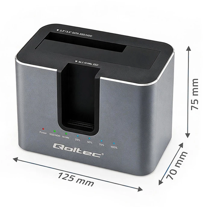 Qoltec Doko stotelė 2w1 HDD SSD | SATA | M.2 NVMe | Klonowanie | USB-C 3.2 Gen 2 | 10Gb/s | 28TB | Aliuminio