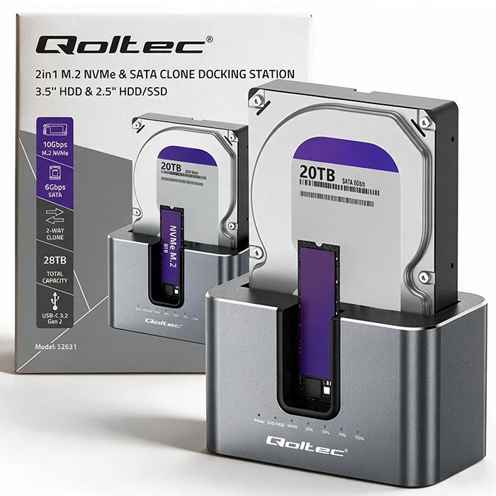 Qoltec Doko stotelė 2w1 HDD SSD | SATA | M.2 NVMe | Klonowanie | USB-C 3.2 Gen 2 | 10Gb/s | 28TB | Aliuminio