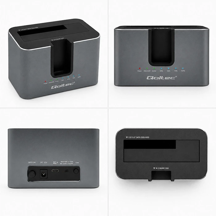 Qoltec Doko stotelė 2w1 HDD SSD | SATA | M.2 NVMe | Klonowanie | USB-C 3.2 Gen 2 | 10Gb/s | 28TB | Aliuminio