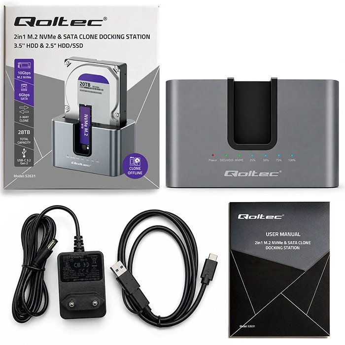 Qoltec Doko stotelė 2w1 HDD SSD | SATA | M.2 NVMe | Klonowanie | USB-C 3.2 Gen 2 | 10Gb/s | 28TB | Aliuminio