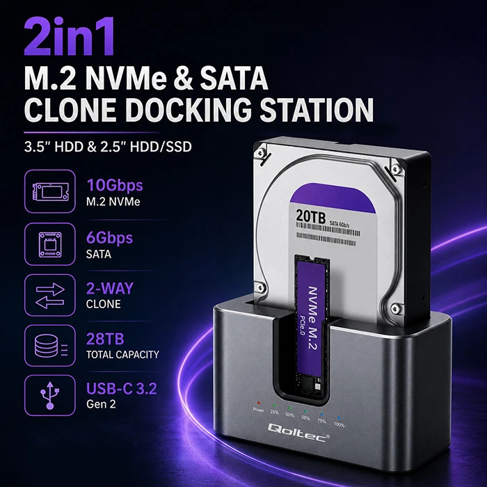 Qoltec Doko stotelė 2w1 HDD SSD | SATA | M.2 NVMe | Klonowanie | USB-C 3.2 Gen 2 | 10Gb/s | 28TB | Aliuminio