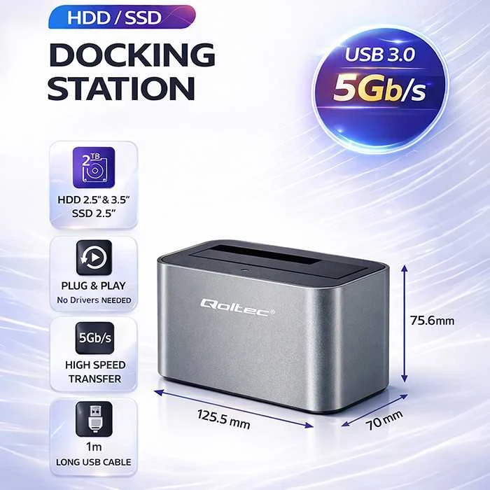 QOLTEC 50315 HDD / SSD prijungimo stotis 2,5 colio / 3,5 colio SATA USB 3.0