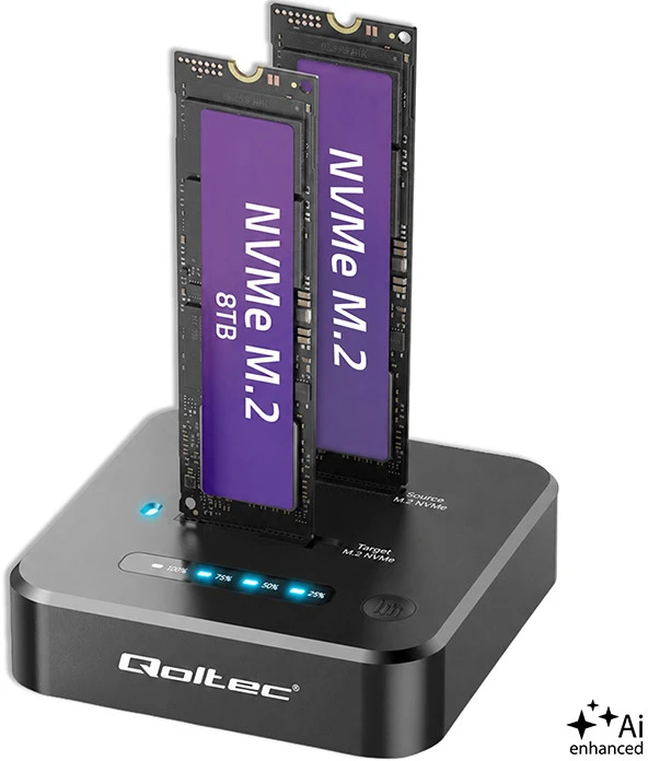 Qoltec Doko stotelė dysków SSD M.2 NVMe | PCIe | DUAL 2 x 8TB | USB-C 3.2 | 10Gb/s | klonowanie offline