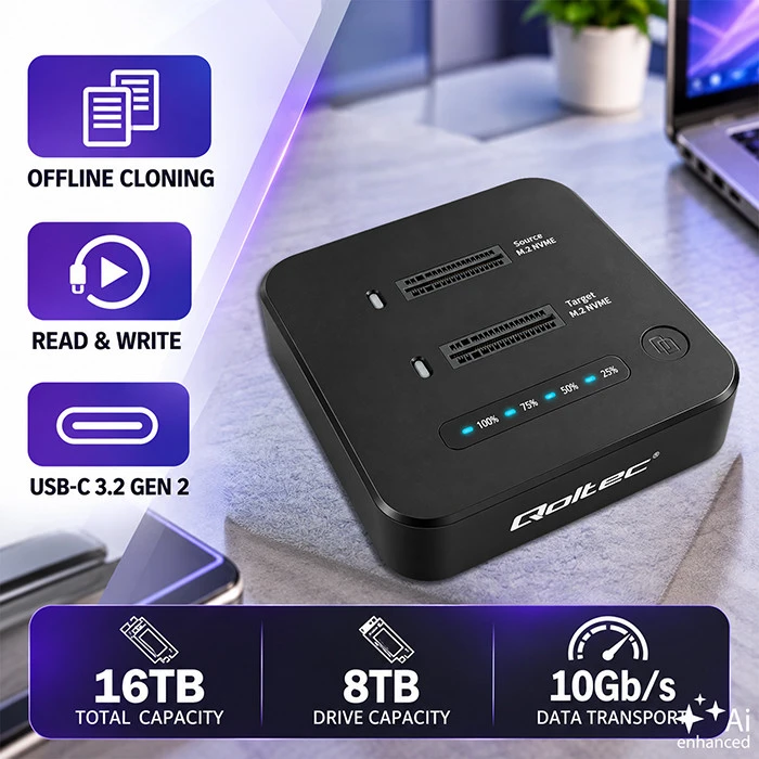 Qoltec Doko stotelė dysków SSD M.2 NVMe | PCIe | DUAL 2 x 8TB | USB-C 3.2 | 10Gb/s | klonowanie offline