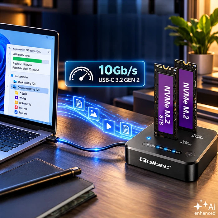 Qoltec Doko stotelė dysków SSD M.2 NVMe | PCIe | DUAL 2 x 8TB | USB-C 3.2 | 10Gb/s | klonowanie offline