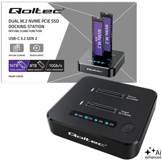 Qoltec Doko stotelė dysków SSD M.2 NVMe | PCIe | DUAL 2 x 8TB | USB-C 3.2 | 10Gb/s | klonowanie offline