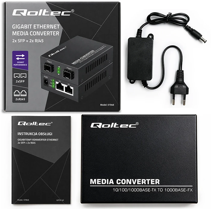 Šakotuvas Qoltec Dwukierunkowy Media Konwerter SWITCH Ethernet 2x RJ45 2x SFP| 1000Mb/s | 5V