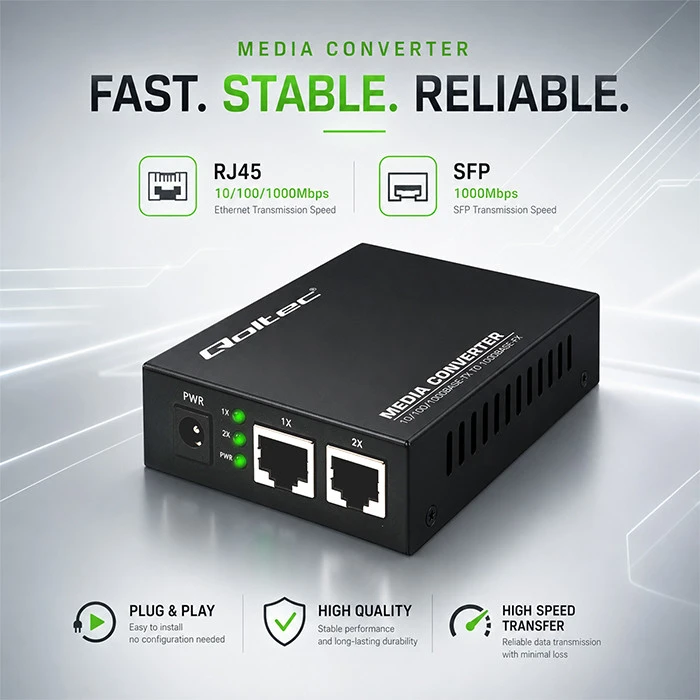 Šakotuvas Qoltec Dwukierunkowy Media Konwerter SWITCH Ethernet 2x RJ45 2x SFP| 1000Mb/s | 5V
