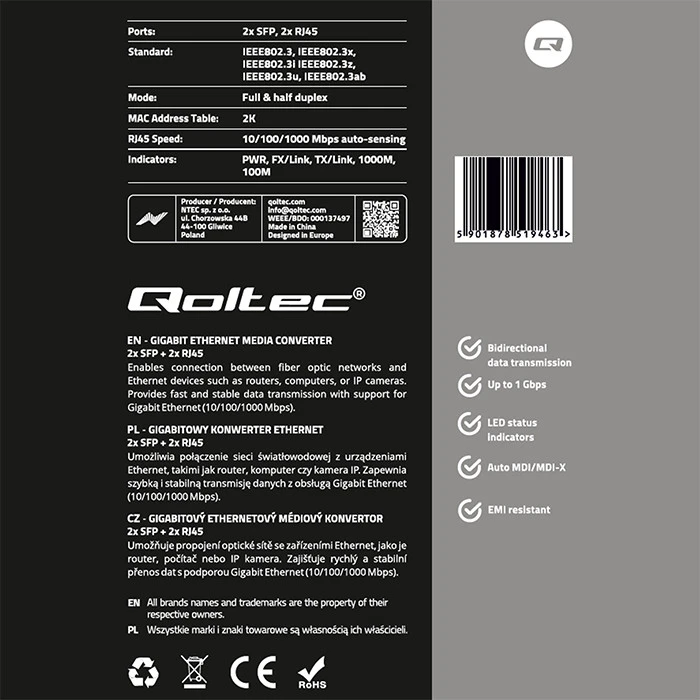 Šakotuvas Qoltec Dwukierunkowy Media Konwerter SWITCH Ethernet 2x RJ45 2x SFP| 1000Mb/s | 5V