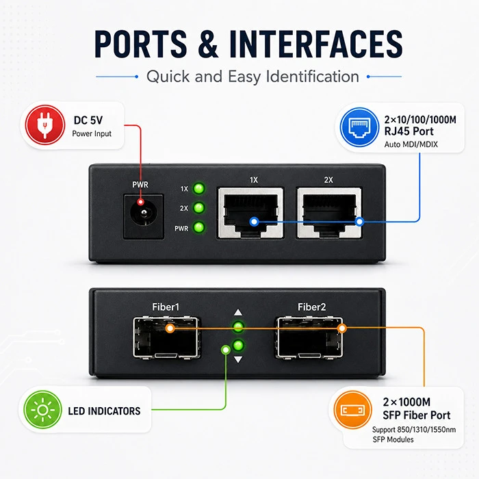 Šakotuvas Qoltec Dwukierunkowy Media Konwerter SWITCH Ethernet 2x RJ45 2x SFP| 1000Mb/s | 5V