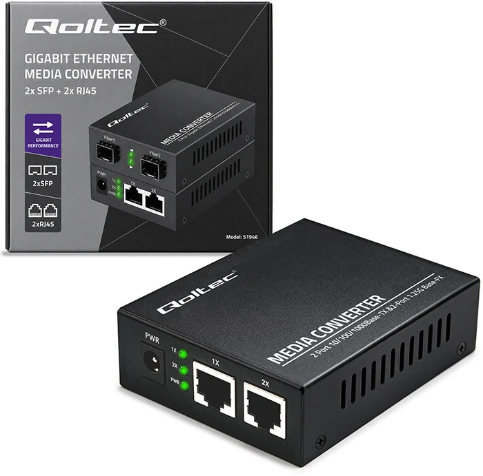 Šakotuvas Qoltec Dwukierunkowy Media Konwerter SWITCH Ethernet 2x RJ45 2x SFP| 1000Mb/s | 5V