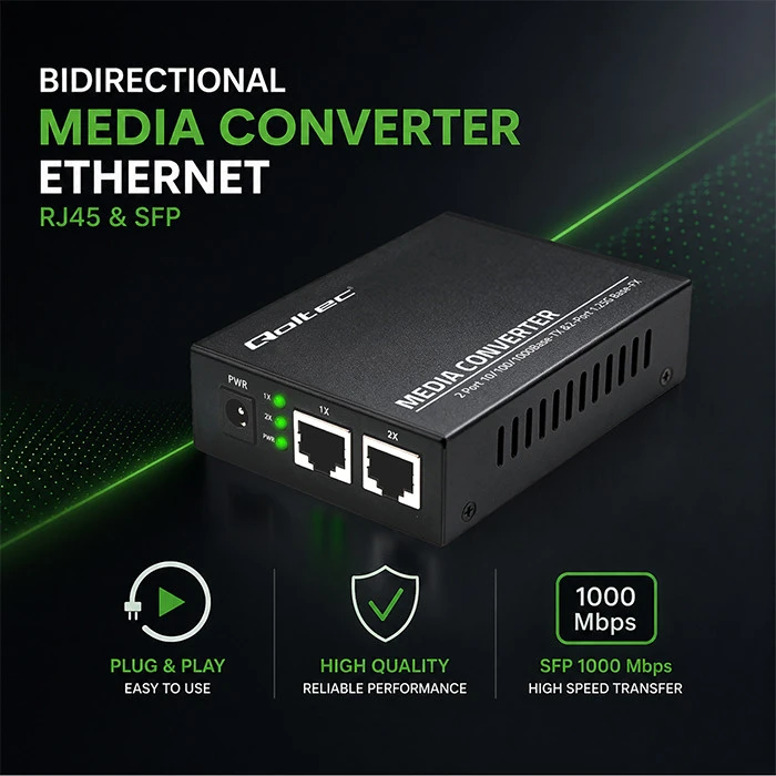 Šakotuvas Qoltec Dwukierunkowy Media Konwerter SWITCH Ethernet 2x RJ45 2x SFP| 1000Mb/s | 5V