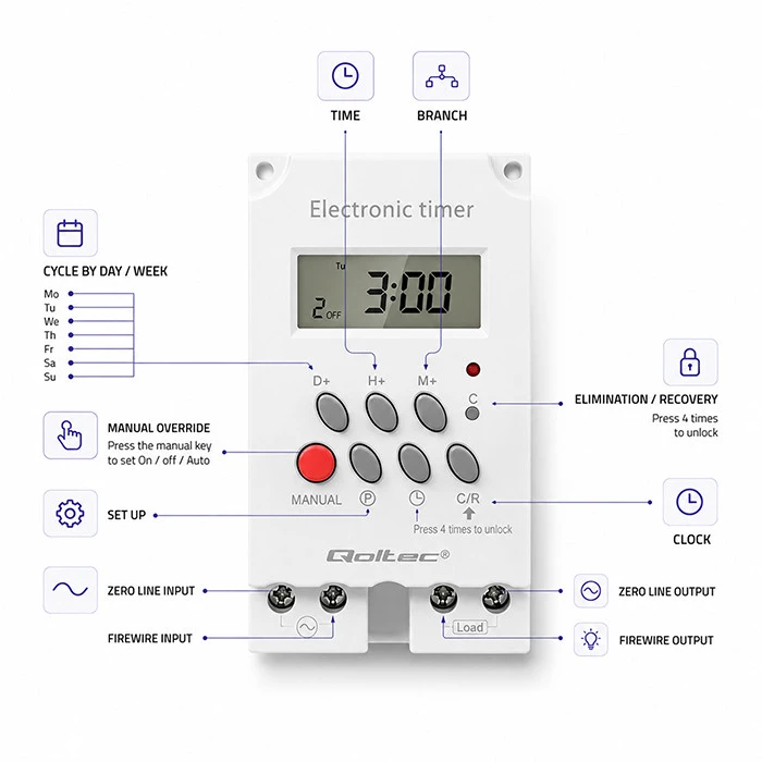 QOLTEC 50629 Elektroninis laikmatis PC0629 DIN bėgiui / LCD