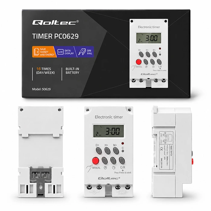 QOLTEC 50629 Elektroninis laikmatis PC0629 DIN bėgiui / LCD