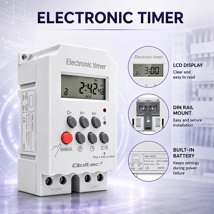 QOLTEC 50629 Elektroninis laikmatis PC0629 DIN bėgiui / LCD