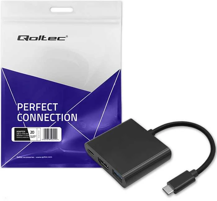QOLTEC 50430 Qoltec Adapteris USB 3.1 typC Male / HDMI AF + USB AF + USB 3.1 typC juodas