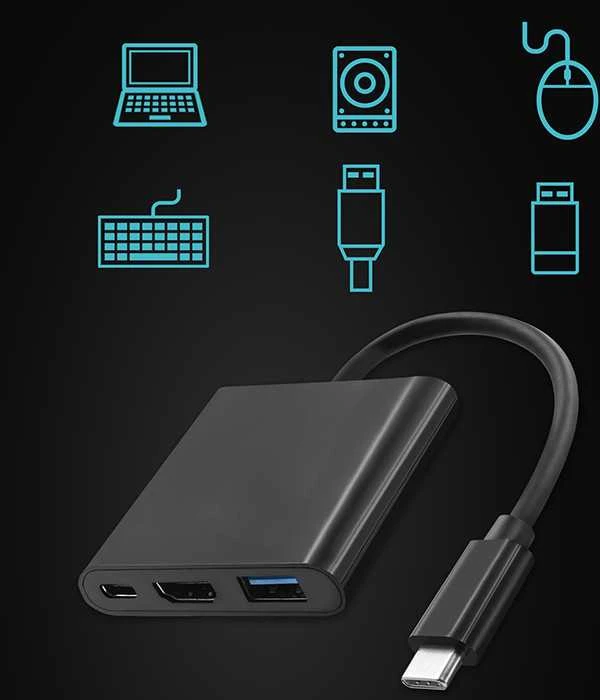 QOLTEC 50430 Qoltec Adapteris USB 3.1 typC Male / HDMI AF + USB AF + USB 3.1 typC juodas