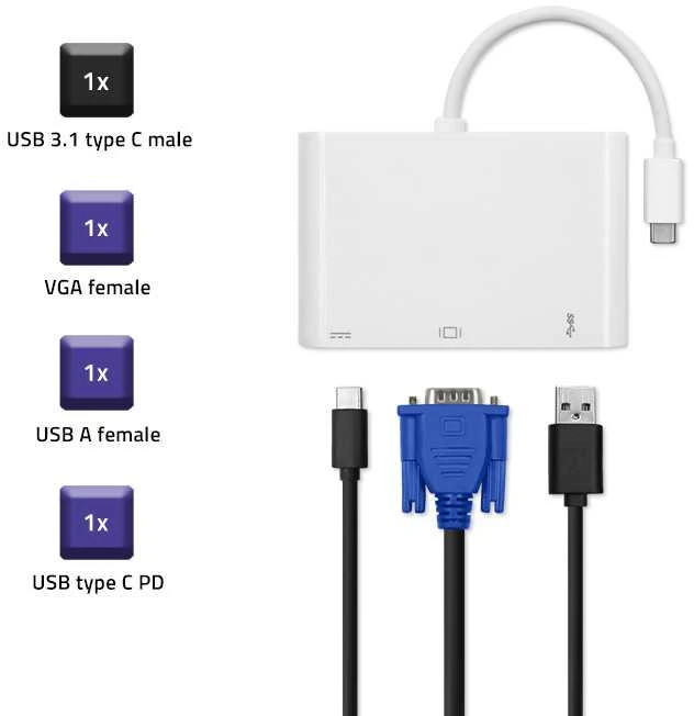 QOLTEC 50426 Qoltec Adapteris USB 3.1 typC Vyriškas / VGA F + USB 3.0 + USB 3.1 typC
