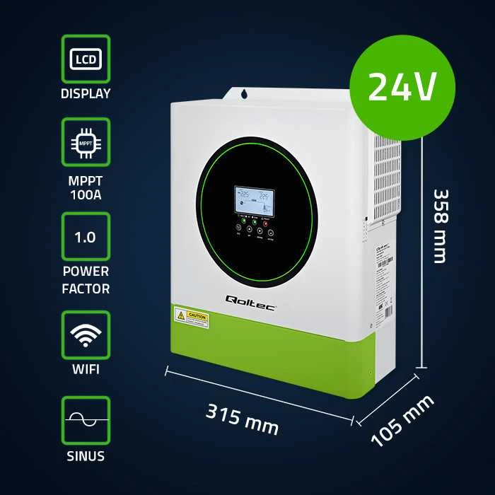 Qoltec 53865 Hibridinis saulės inverteris, neprisijungęs prie tinklo, 3500 W | 100 A | 24 V | MPPT | BMS | „Wi-Fi“ parinktis | Sinusinis | Galios koeficientas 1,0