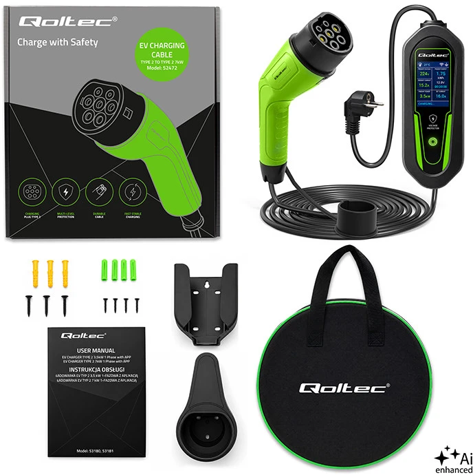 Qoltec Įkroviklis automobiliui elektrycznego EV i hybryd su regulacją 2w1 Typ2 | 3.5kW | 230V | SCHUKO 16A | Wi-Fi | Tuya | Smart life | LCD | 5m