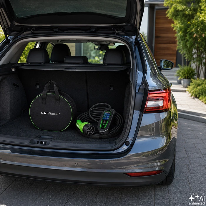 Qoltec Įkroviklis automobiliui elektrycznego EV i hybryd su regulacją 2w1 Typ2 | 3.5kW | 230V | SCHUKO 16A | Wi-Fi | Tuya | Smart life | LCD | 5m
