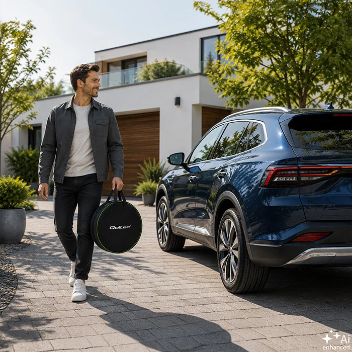 Qoltec Įkroviklis automobiliui elektrycznego EV i hybryd su regulacją 2w1 Typ2 | 3.5kW | 230V | SCHUKO 16A | Wi-Fi | Tuya | Smart life | LCD | 5m