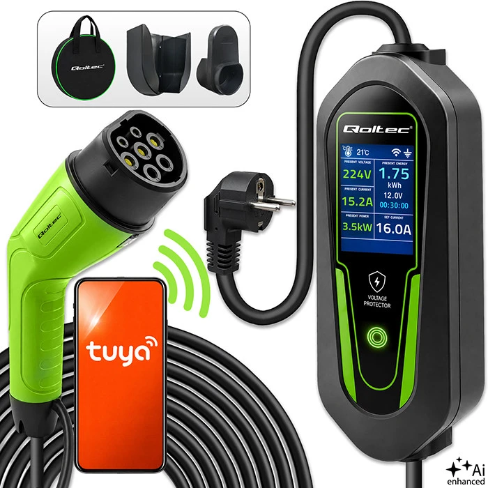 Qoltec Įkroviklis automobiliui elektrycznego EV i hybryd su regulacją 2w1 Typ2 | 3.5kW | 230V | SCHUKO 16A | Wi-Fi | Tuya | Smart life | LCD | 5m
