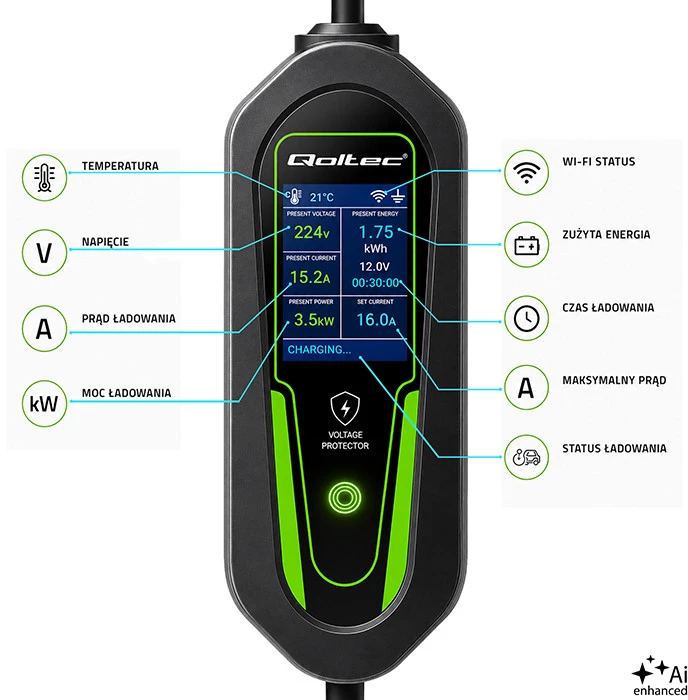 Qoltec Įkroviklis automobiliui elektrycznego EV i hybryd su regulacją 2w1 Typ2 | 3.5kW | 230V | SCHUKO 16A | Wi-Fi | Tuya | Smart life | LCD | 5m