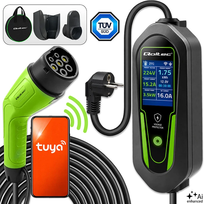 QOLTEC Charger for EV Electric car and hybrids 2-in-1 Type 2 adjustable 3.5kW 230V SCHUKO 16A Wi-Fi Tuya Smart Life LCD 5m
