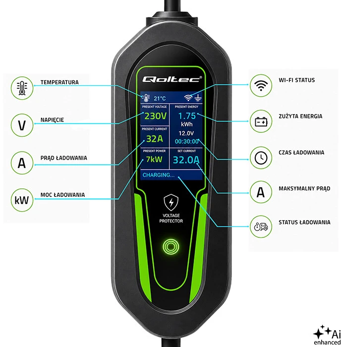 Qoltec Įkroviklis automobiliui elektrycznego EV i hybryd su regulacją 2w1 Typ2 | 7kW | 230V | CEE 32A | Wi-Fi | Tuya | Smart life | LCD | 5m