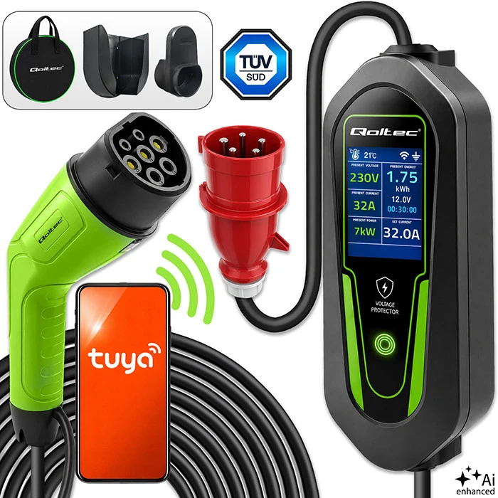 Qoltec Įkroviklis automobiliui elektrycznego EV i hybryd su regulacją 2w1 Typ2 | 7kW | 230V | CEE 32A | Wi-Fi | Tuya | Smart life | LCD | Certyfikat TÜV | 5m