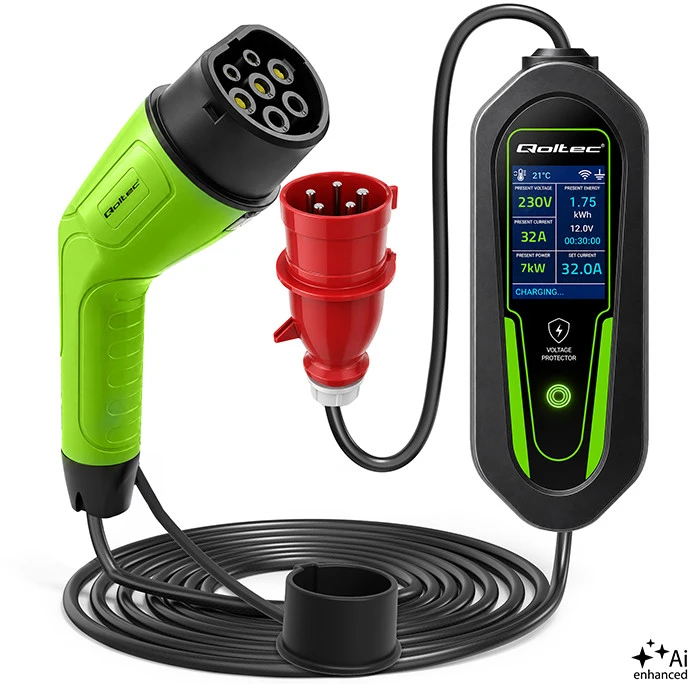Qoltec Įkroviklis automobiliui elektrycznego EV i hybryd su regulacją 2w1 Typ2 | 7kW | 230V | CEE 32A | Wi-Fi | Tuya | Smart life | LCD | 5m