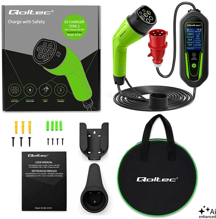 Qoltec Įkroviklis automobiliui elektrycznego EV i hybryd su regulacją 2w1 Typ2 | 7kW | 230V | CEE 32A | Wi-Fi | Tuya | Smart life | LCD | 5m