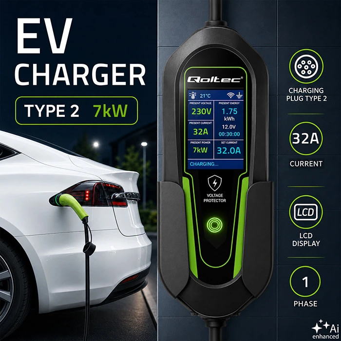 Qoltec Įkroviklis automobiliui elektrycznego EV i hybryd su regulacją 2w1 Typ2 | 7kW | 230V | CEE 32A | Wi-Fi | Tuya | Smart life | LCD | 5m