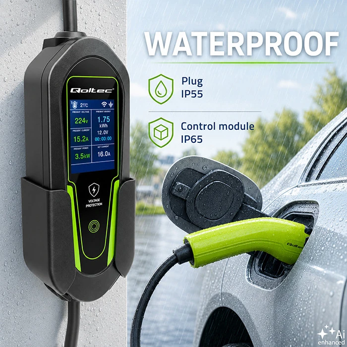 Qoltec Įkroviklis automobiliui elektrycznego EV i hybryd su regulacją 2w1 Typ2 | 3.5kW | 230V | SCHUKO 16A | Wi-Fi | Tuya | Smart life | LCD | 5m