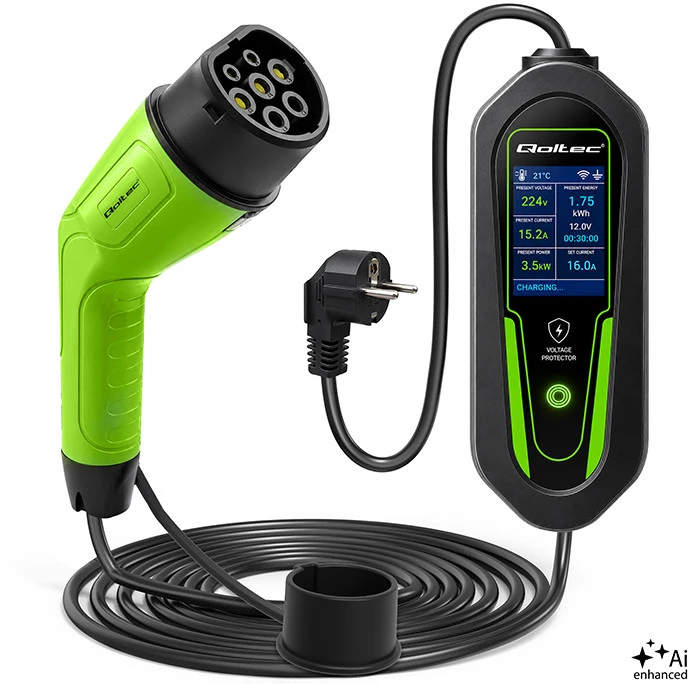 Qoltec Įkroviklis automobiliui elektrycznego EV i hybryd su regulacją 2w1 Typ2 | 3.5kW | 230V | SCHUKO 16A | Wi-Fi | Tuya | Smart life | LCD | 5m