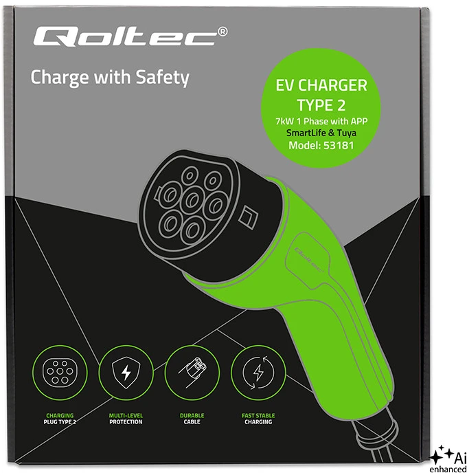 Qoltec Įkroviklis automobiliui elektrycznego EV i hybryd su regulacją 2w1 Typ2 | 7kW | 230V | CEE 32A | Wi-Fi | Tuya | Smart life | LCD | 5m