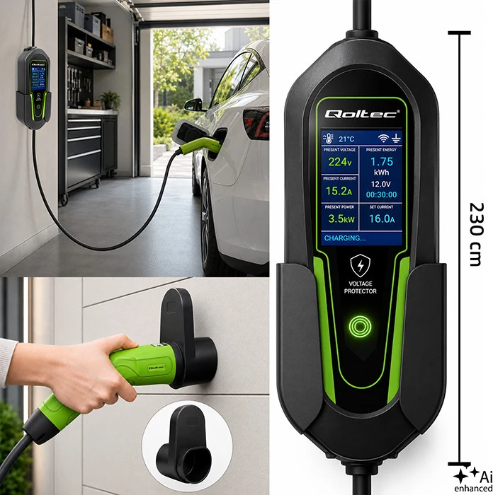 Qoltec Įkroviklis automobiliui elektrycznego EV i hybryd su regulacją 2w1 Typ2 | 3.5kW | 230V | SCHUKO 16A | Wi-Fi | Tuya | Smart life | LCD | 5m