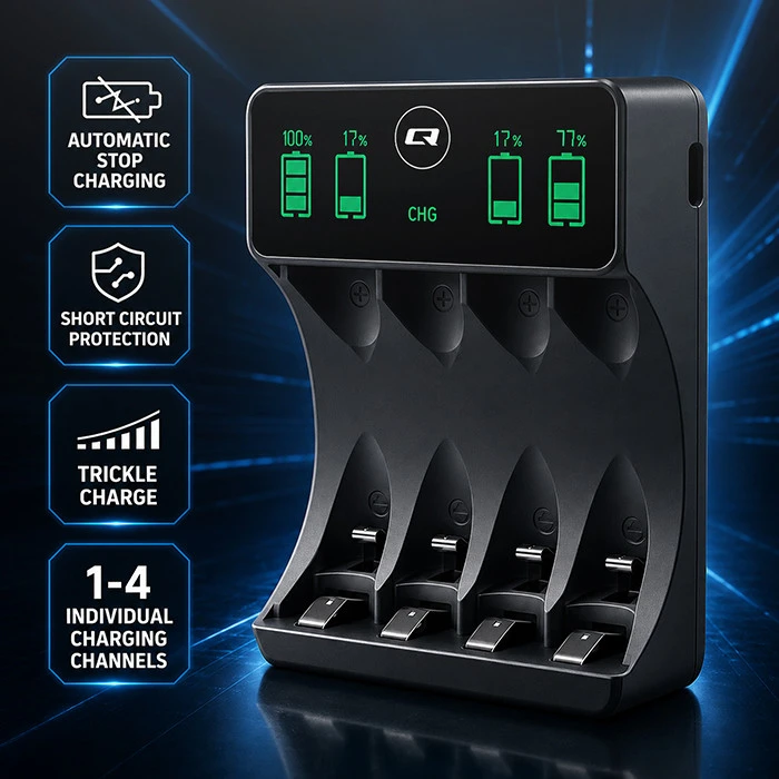 Qoltec Įkroviklis do akumulatorków Ni-MH typu R03 AAA R6 AA | LCD | Kabelis USB-C | Juoda