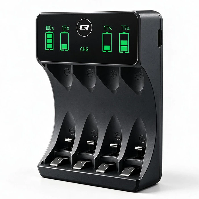 Qoltec Įkroviklis do akumulatorków Ni-MH typu R03 AAA R6 AA | LCD | Kabelis USB-C | Juoda